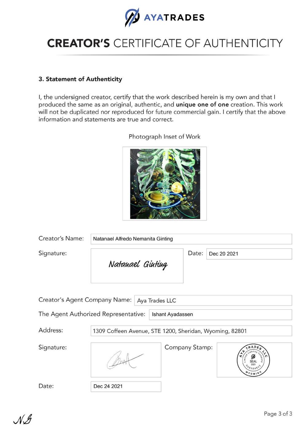 Certificate of Authenticity and Consignment - Universe Chaos