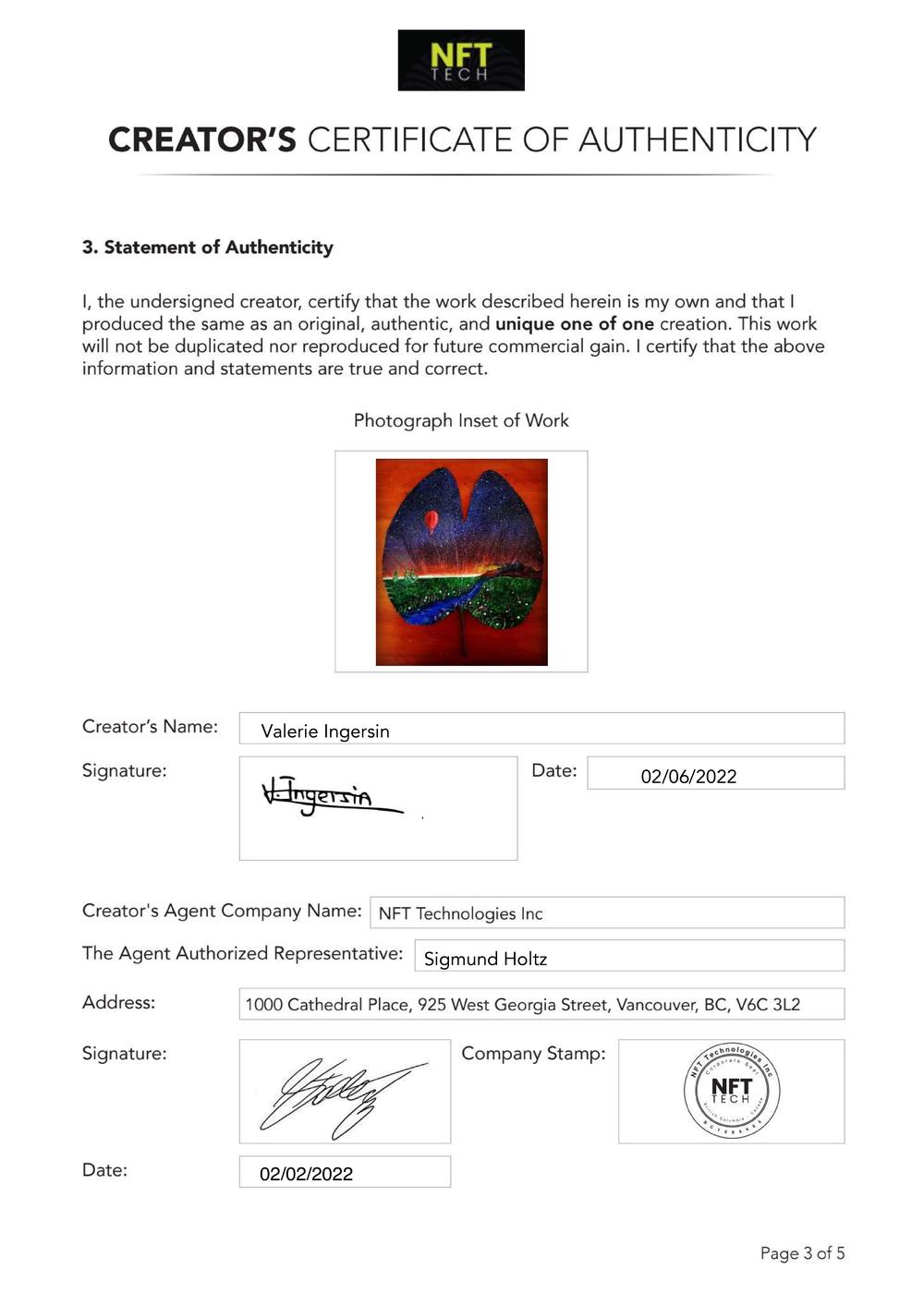 Certificate of Authenticity and Consignment - Universe