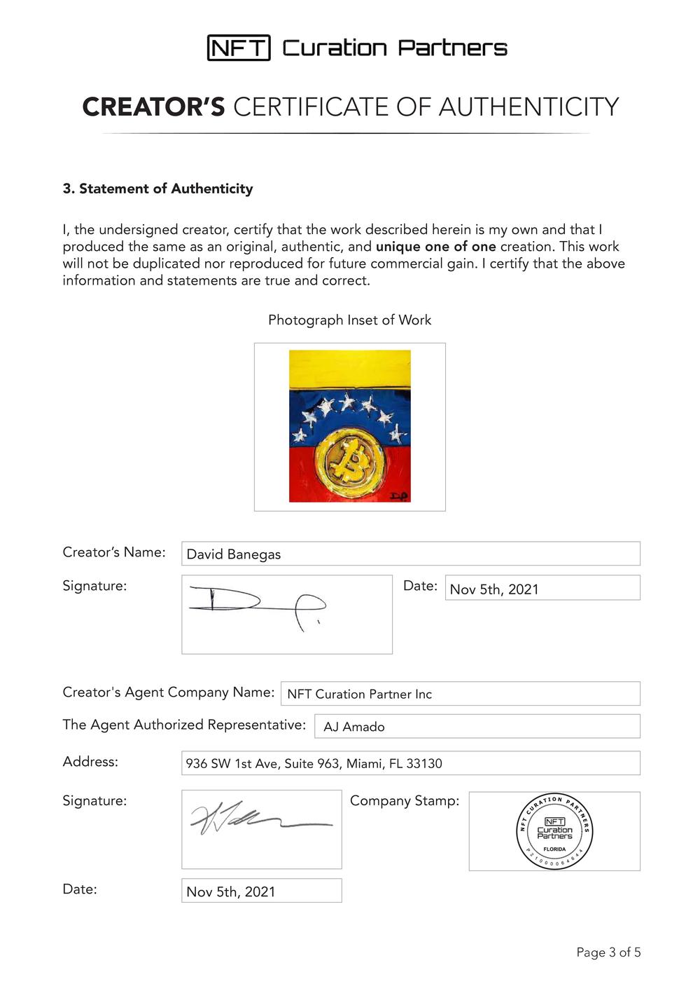 Certificate of Authenticity and Consignment - Venezuela B