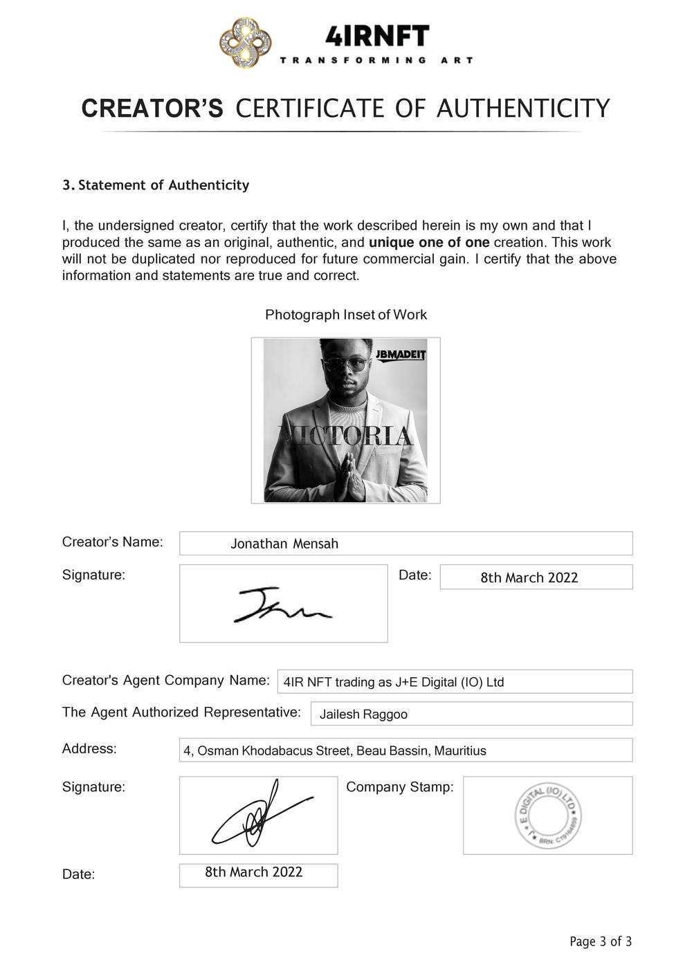 Certificate of Authenticity and Consignment - Victoria