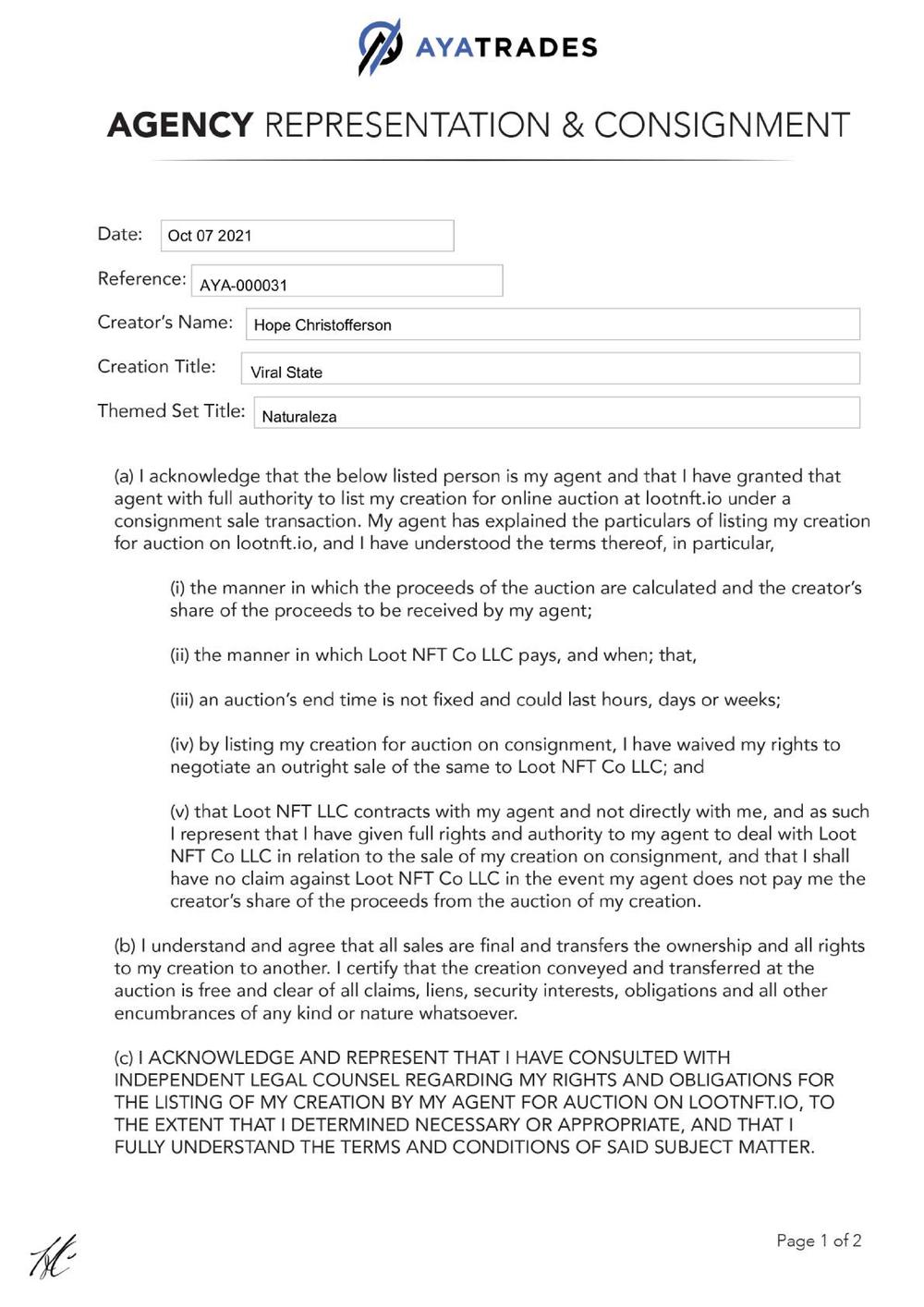 Certificate of Authenticity and Consignment - Viral State