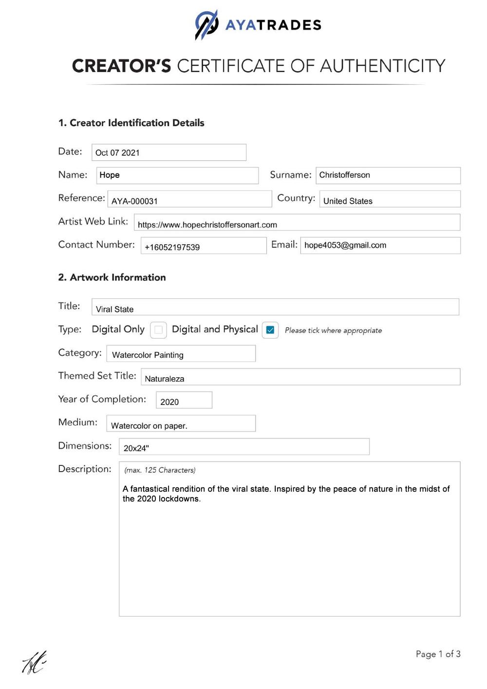 Certificate of Authenticity and Consignment - Viral State