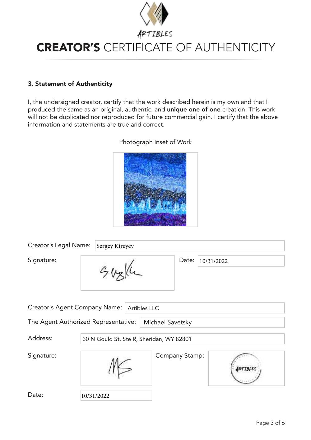 Certificate of Authenticity and Consignment - Vision Of The City