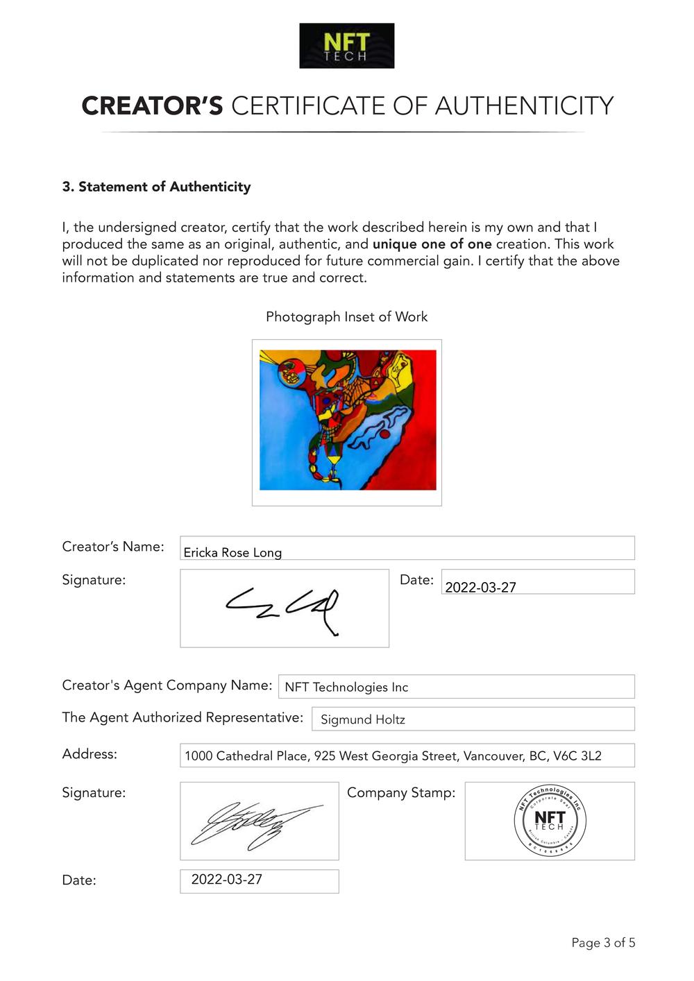 Certificate of Authenticity and Consignment - Volcanic Birth