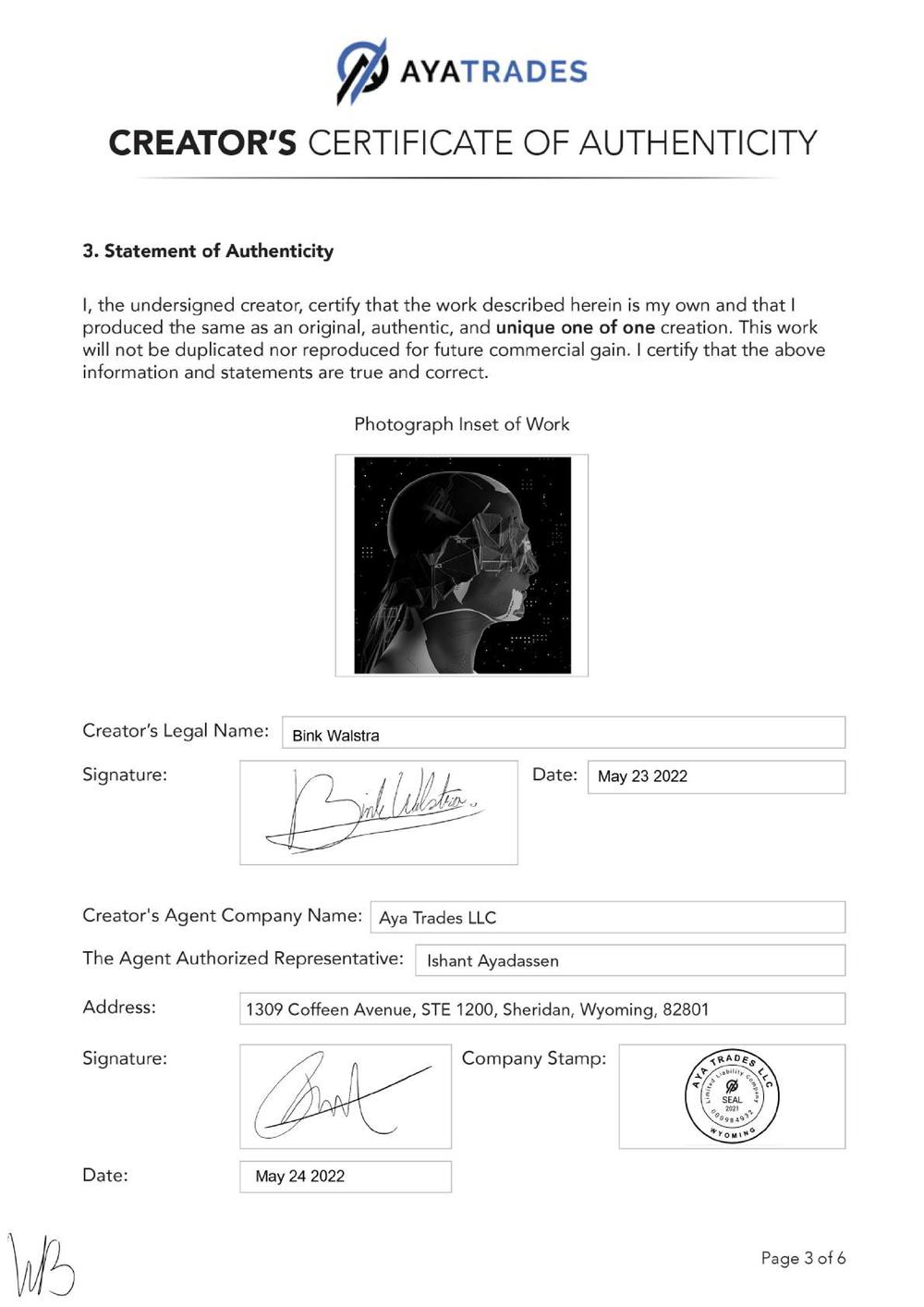 Certificate of Authenticity and Consignment - Vorticon