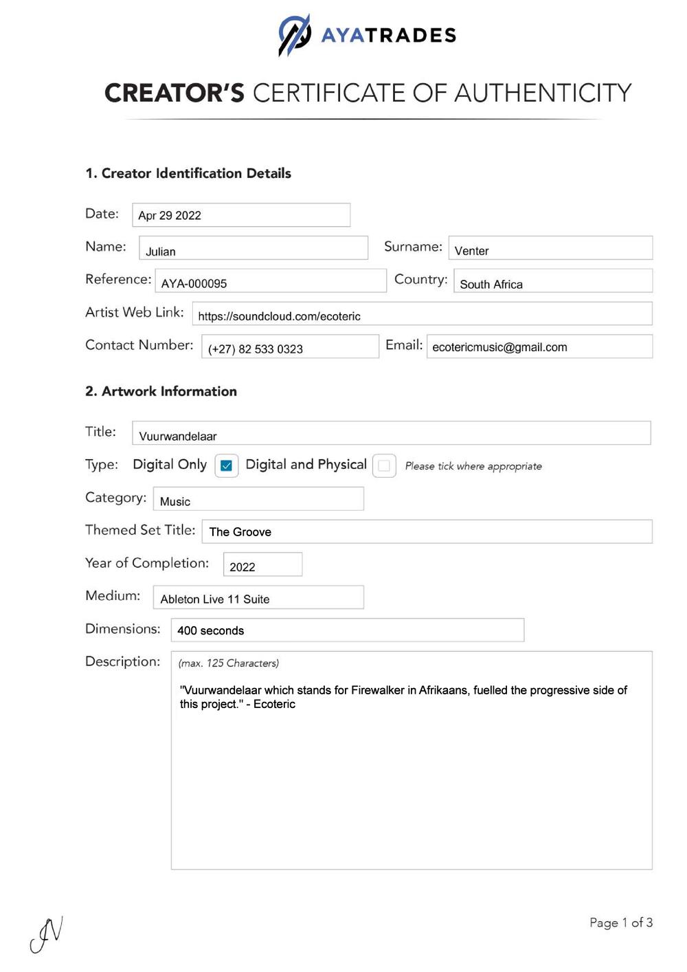 Certificate of Authenticity and Consignment - Vuurwandelaar