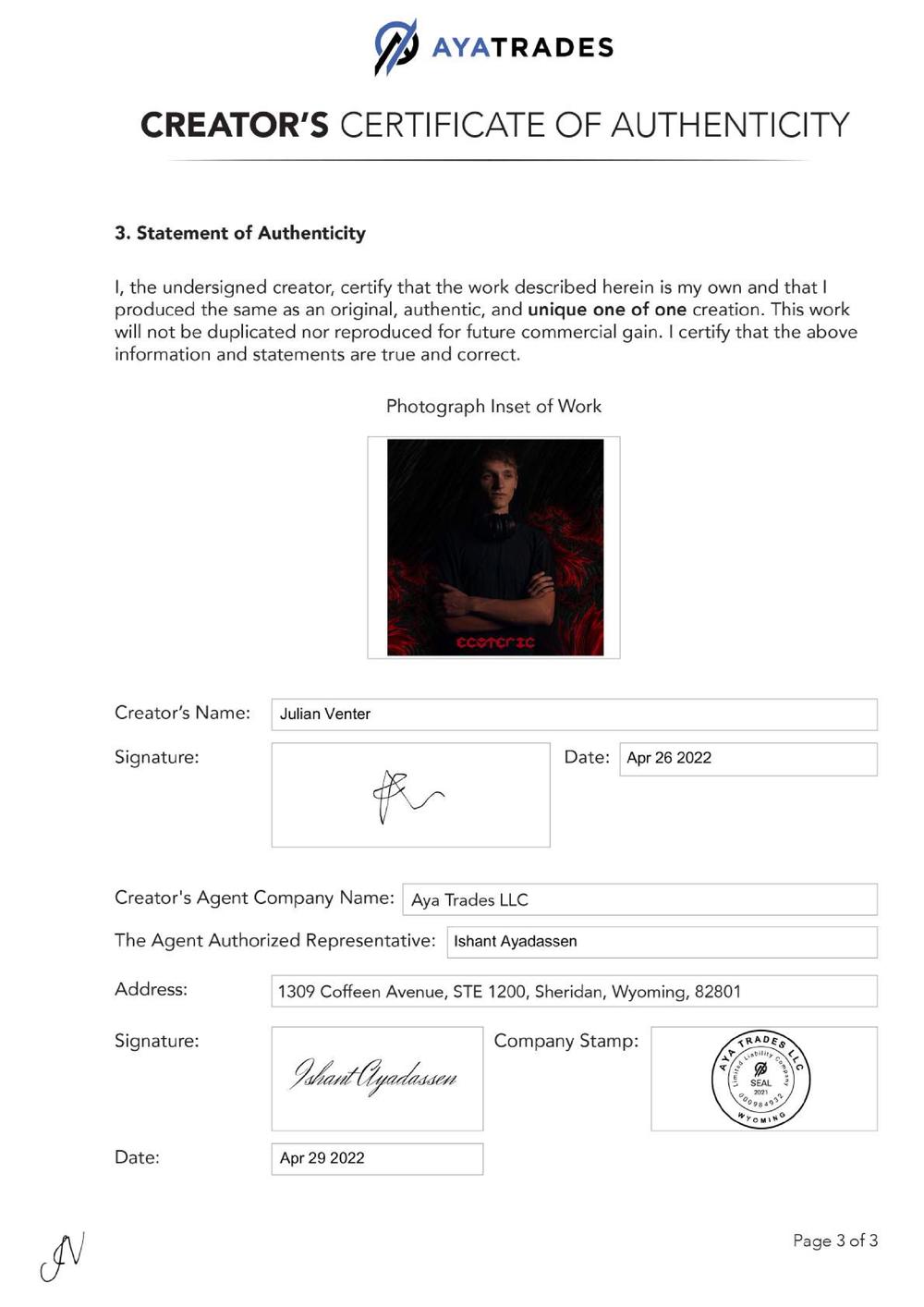 Certificate of Authenticity and Consignment - Vuurwandelaar