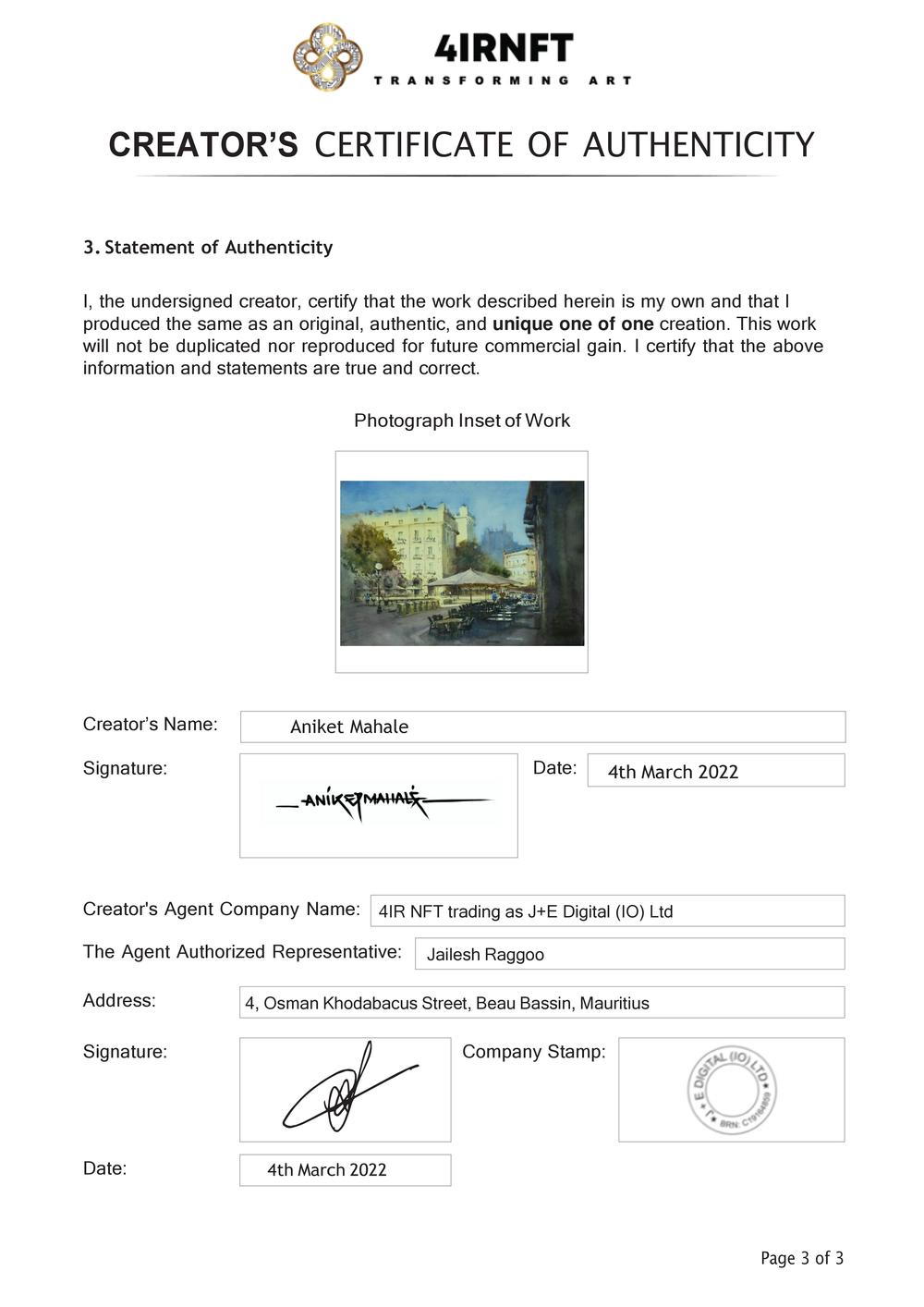 Certificate of Authenticity and Consignment - Warmth