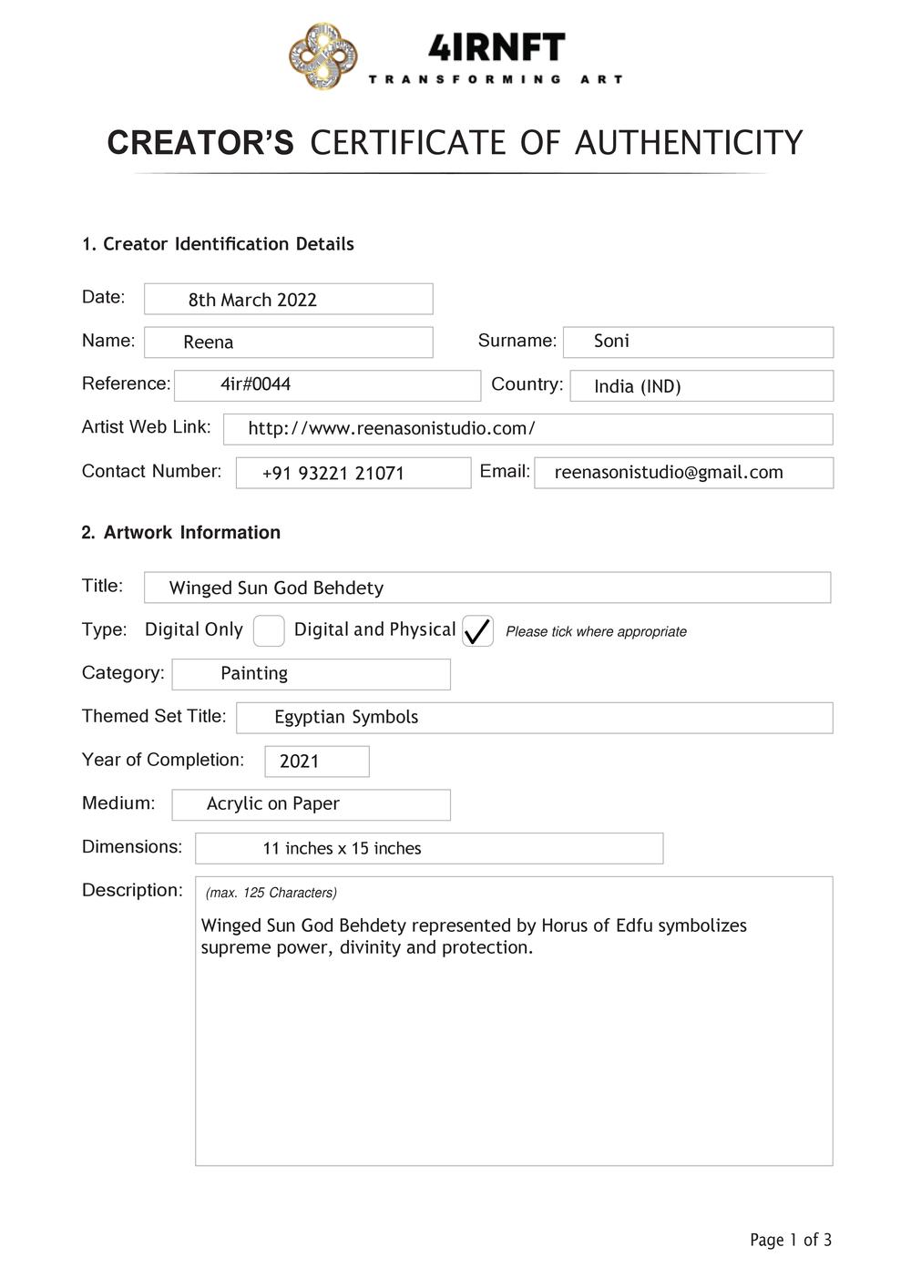 Certificate of Authenticity and Consignment - Winged Sun God Behdety