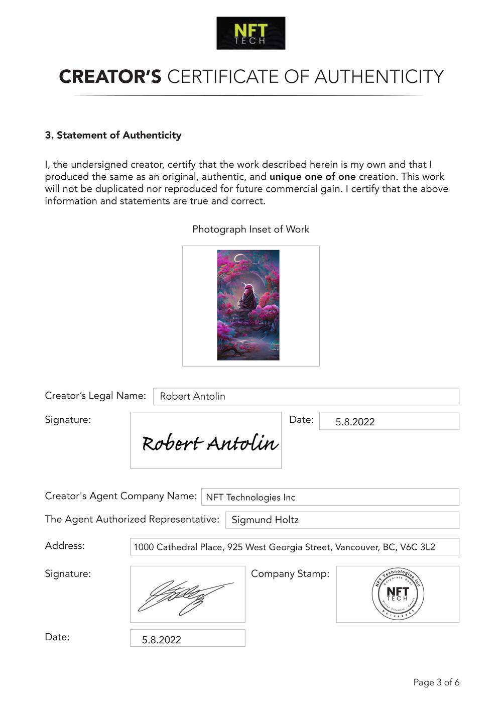 Certificate of Authenticity and Consignment - Wisdom