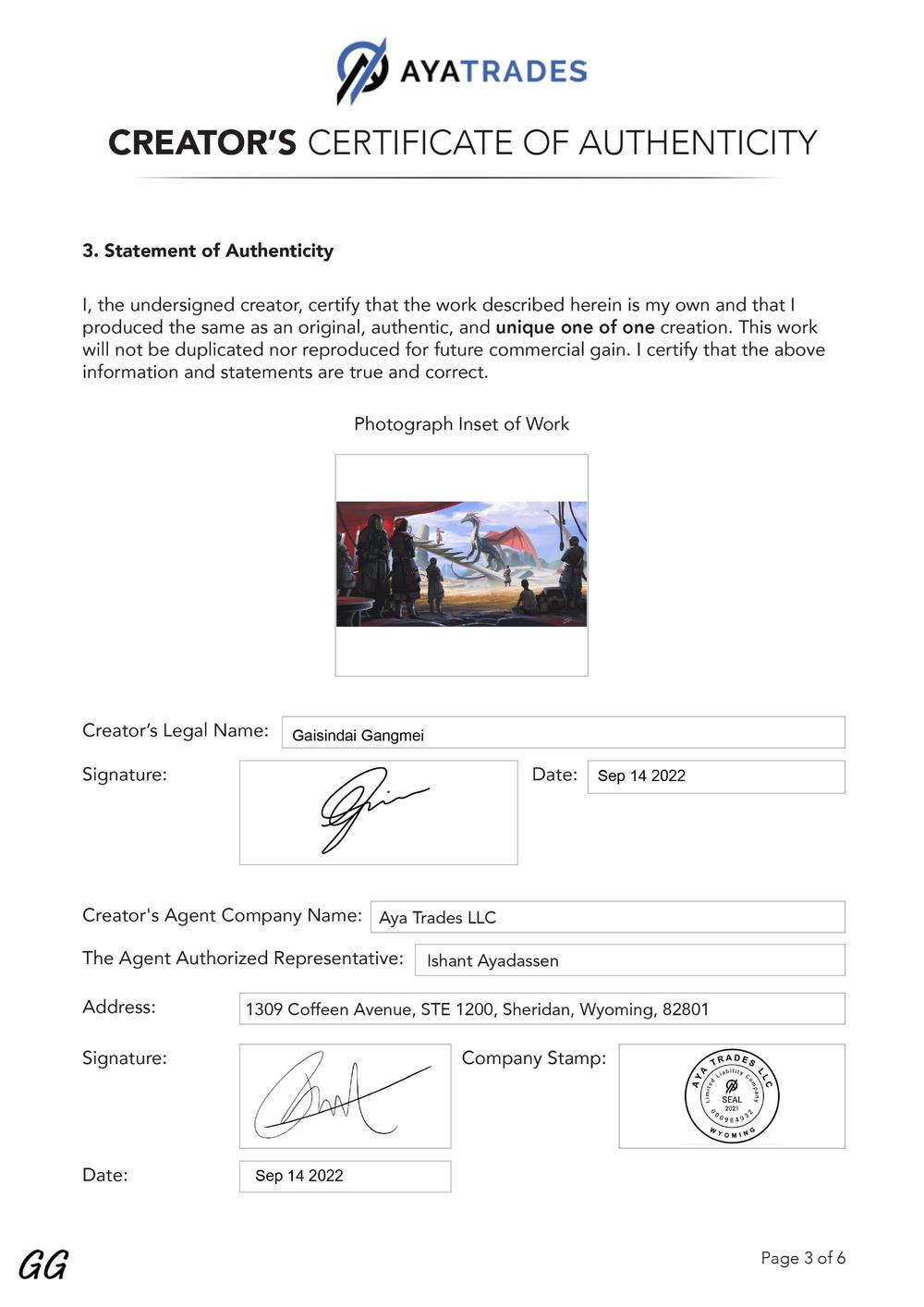 Certificate of Authenticity and Consignment - Wyvern Covenant