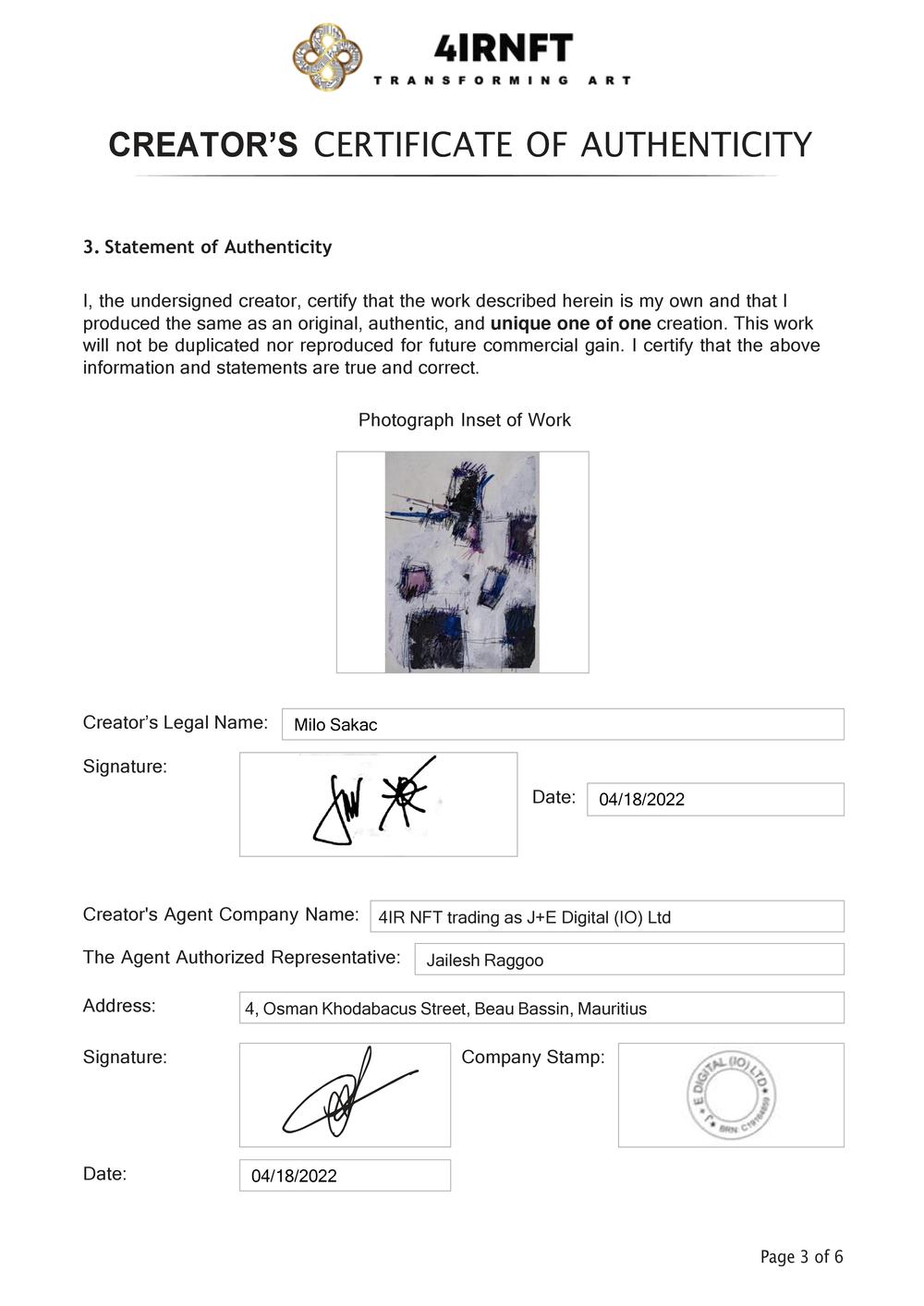 Certificate of Authenticity and Consignment - Young Diamond