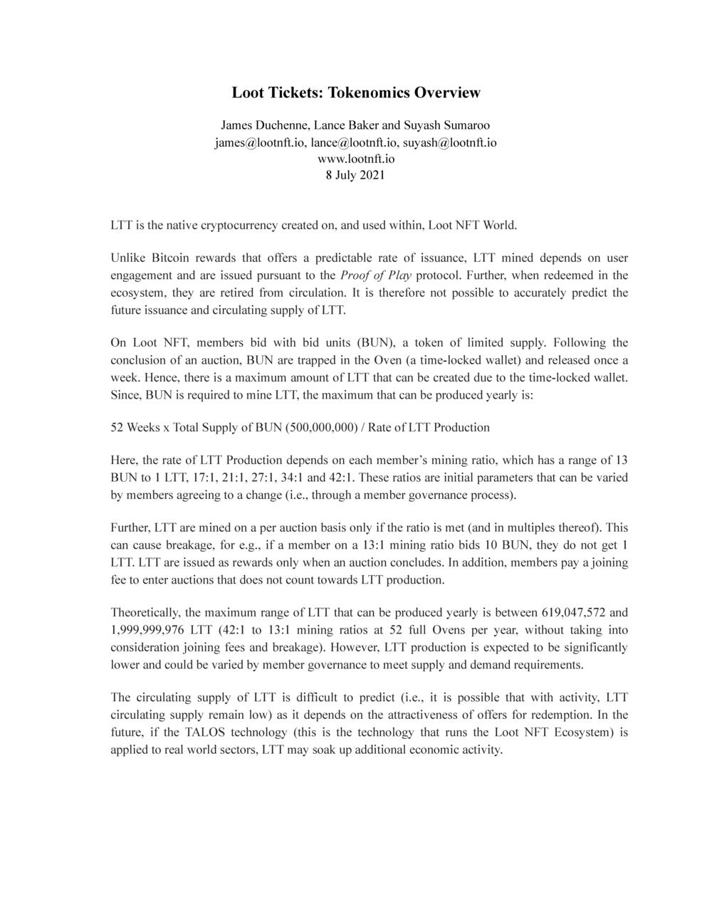 LTT Tokonemics Overview
